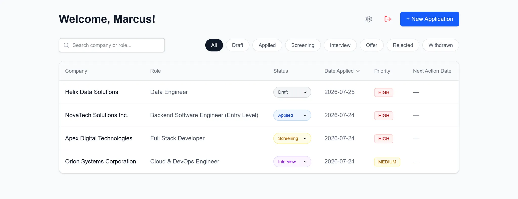 ApplyFlow dashboard showing tracked applications in various stages