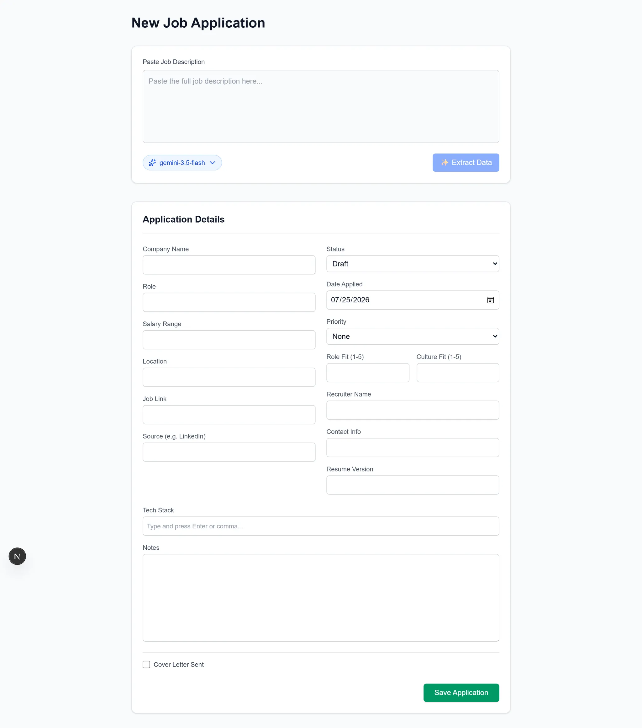 UI showing a new job application being parsed
