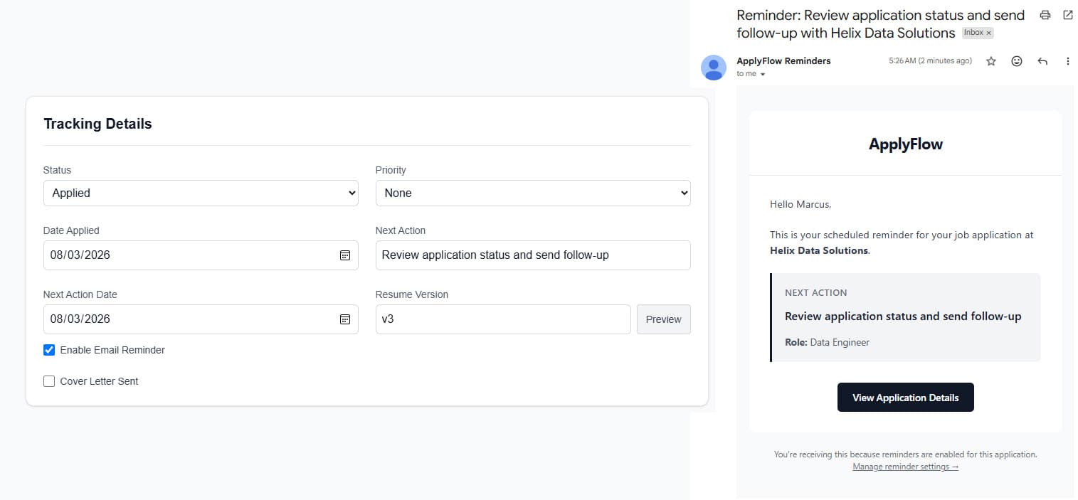 Reminder settings on ApplyFlow for an application