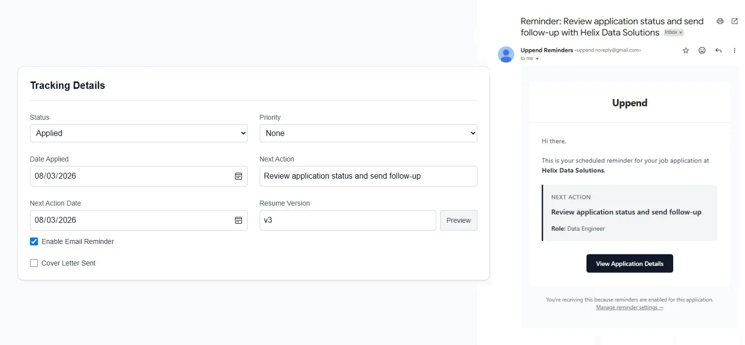 Reminder settings on Uppend for an application